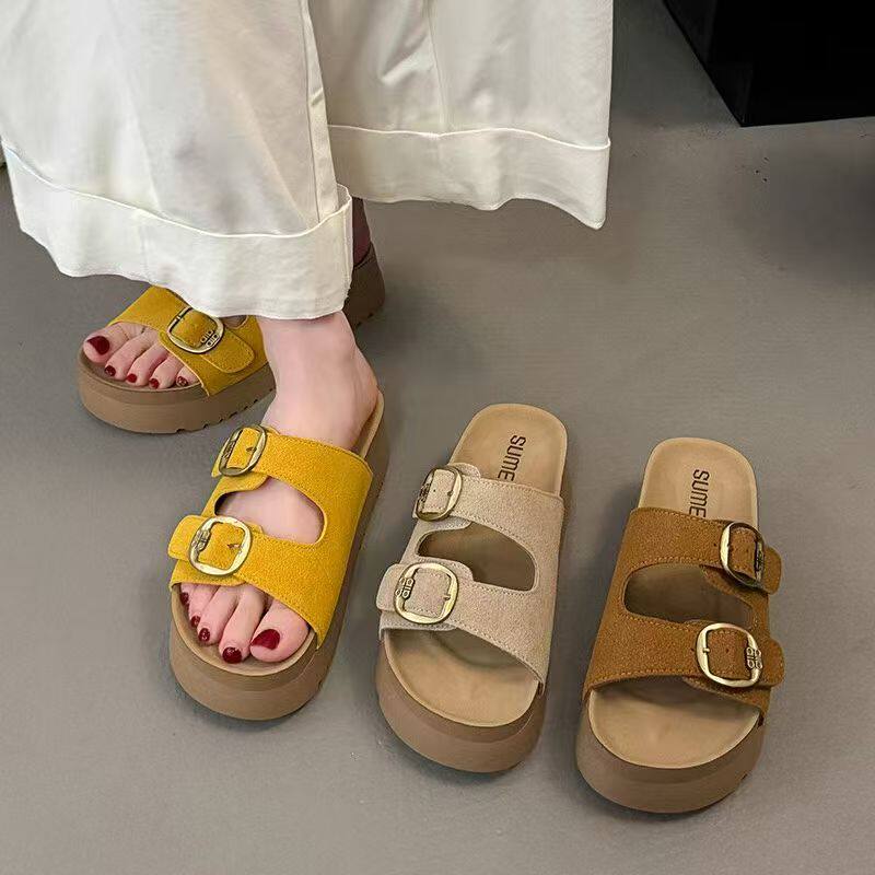 时尚百搭休闲拖鞋2026新款搭扣厚底一字拖女外穿舒适软底勃肯拖鞋