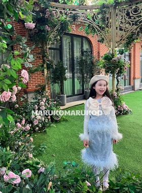 MARUKOMARUKOO 灿蓝星河亮片鸵鸟毛婴儿蓝蝴蝶结华丽公主新年套装