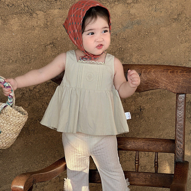 小公主夏装套装韩版洋气花边无袖上衣长裤女宝宝夏季薄款分体衣服