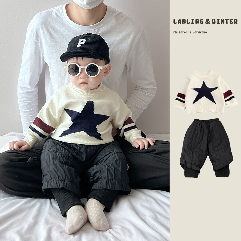 酷帅男童洋气毛衣套装秋冬潮范宝宝时髦刺绣针织衫保暖棉裤两件套
