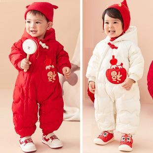 新年拜年服批发童装婴儿冬季羽绒服连体衣男女小宝宝洋气红色外穿