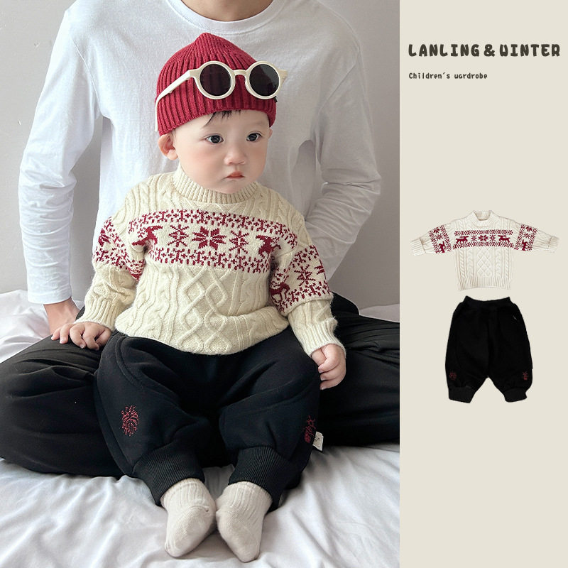 儿童过年红色毛衣套装秋冬季男女宝宝圣诞氛围提花加厚打底针织衫