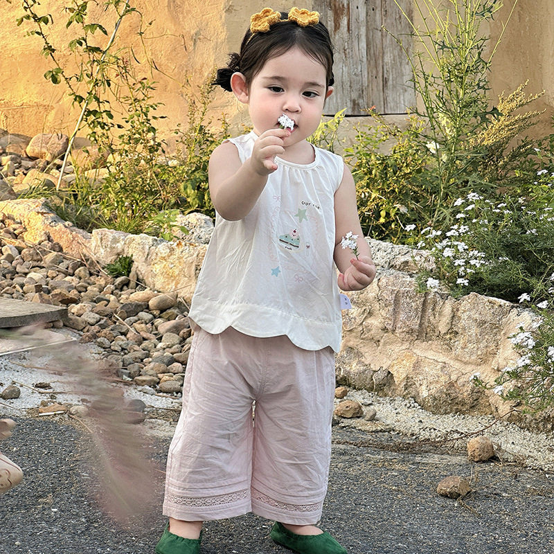 女宝宝2026新款夏季无袖上衣长裤套装婴幼儿韩系多巴胺穿搭外出服