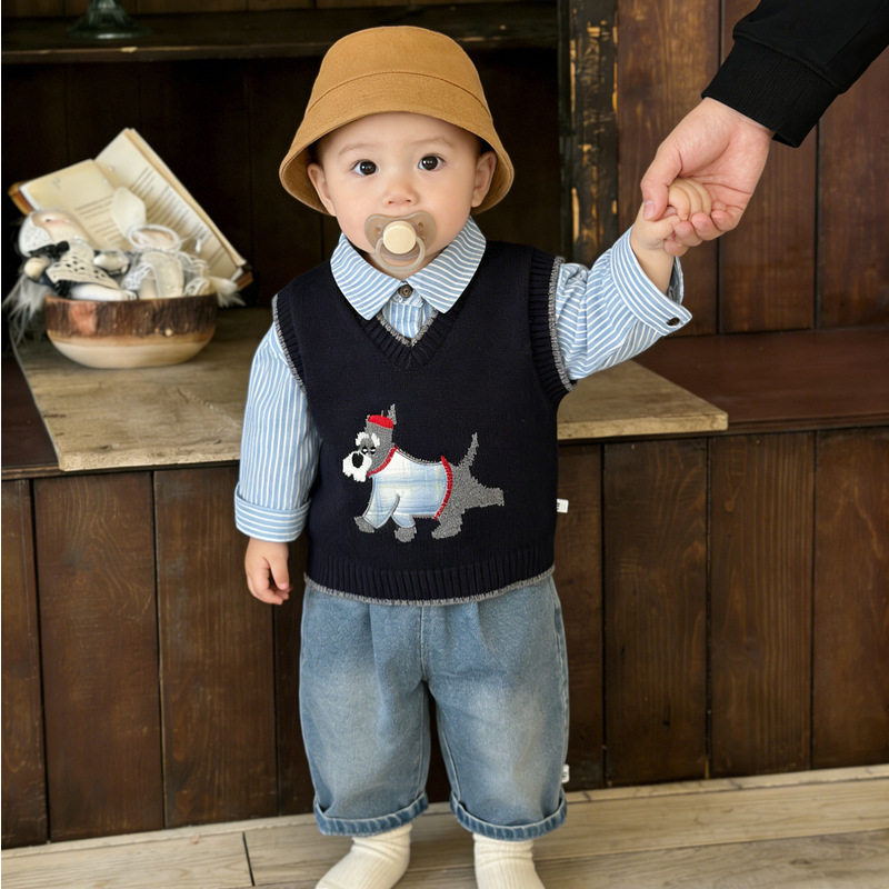 韩版男童春秋针织马甲套装宝宝可爱背心帅气两件套百搭衬衫牛仔裤