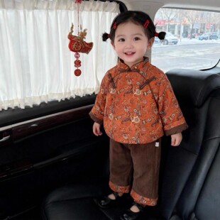 女童套装新款冬装儿童保暖加厚碎花棉服外套女宝宝长裤新年拜年服