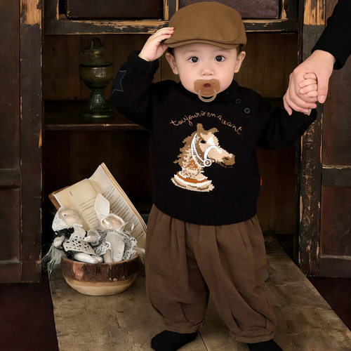 韩系早春男童可爱毛衣套装春秋季马宝宝卡通针织衫婴儿百搭灯笼裤