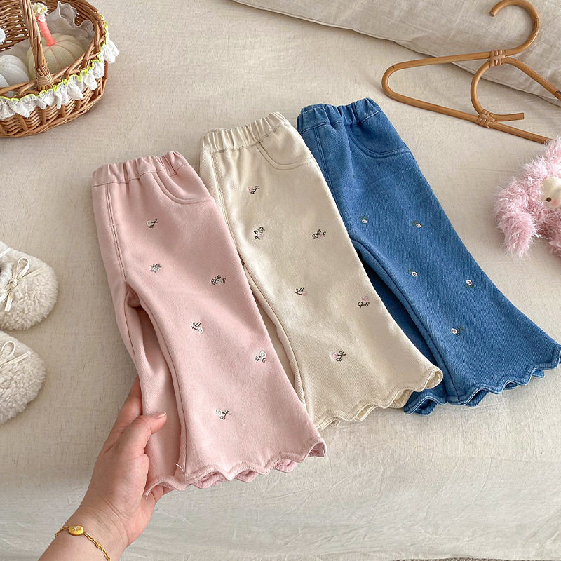 女童加厚喇叭裤小左小右冬季宝宝加绒绣花牛仔裤儿童奥粒绒裤子潮
