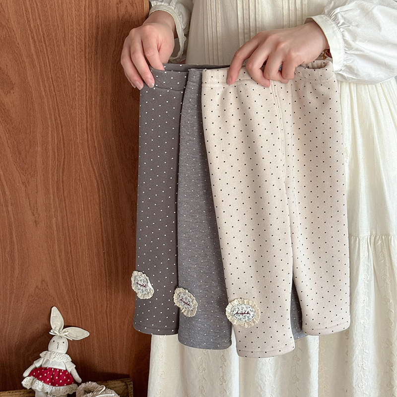 女童一体绒打底裤秋冬新款女宝宝圆点加绒长裤婴幼儿加厚裤子 a类