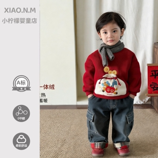 男童红色小熊卡通加绒卫衣韩版冬季保暖一体绒上衣儿童棉质年服