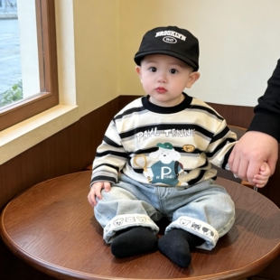 2026新款男宝春装分体套装可爱超萌韩系条纹上衣休闲牛仔裤两件套