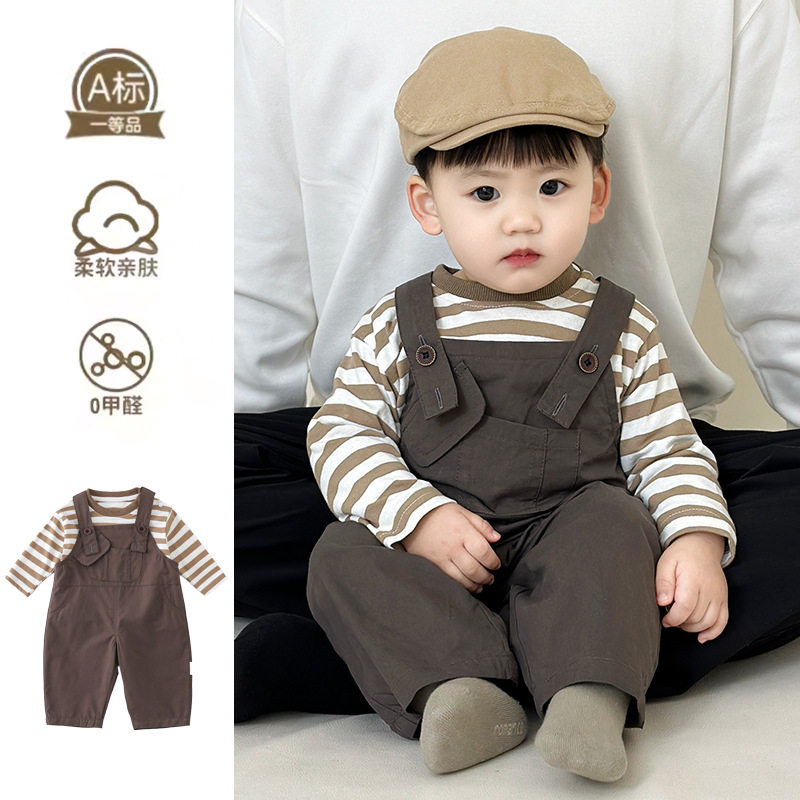 新起点服饰男宝宝春装背带裤套装婴儿洋气春季长袖两件套外出衣服