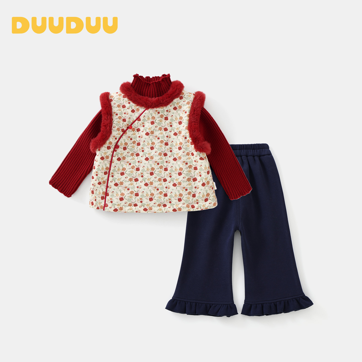 DUUDUU儿童拜年服2025新款小宝宝旗袍背心三件套秋冬童装女童套装