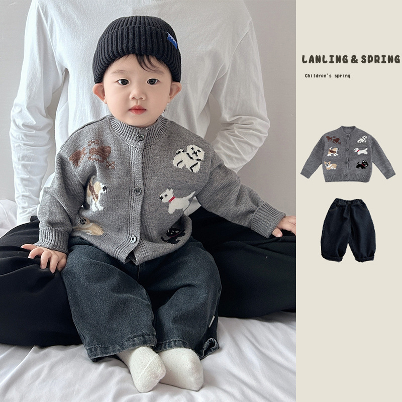 韩国男童春秋季毛衣2025新款洋气卡通小狗针织开衫小童百搭外套潮