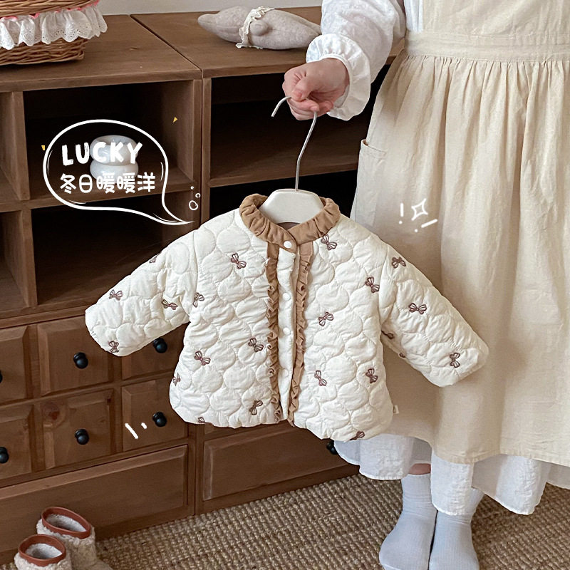 女童荷叶边棉服小左小右冬季儿童韩版蝴蝶结加厚绗线外套宝宝冬装