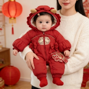 婴儿拜冬年服加绒加厚夹棉连体衣幼儿喜庆哈衣女宝宝冬装周岁衣服