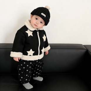 韩范童装男童一体绒衣服套装冬季宝宝时髦星星外套婴儿加厚束脚裤