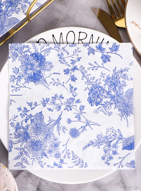 Runlux中国风彩色印花餐巾纸国潮纯木浆纸巾 3层蓝色青花50张盒装