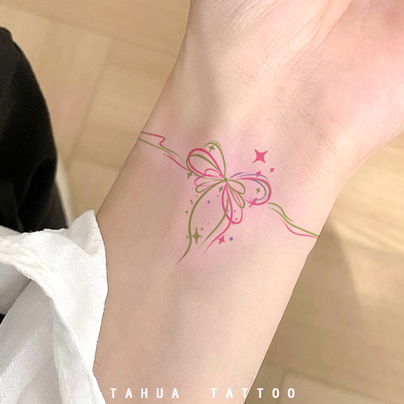 她画 蝴蝶结系带手指戒指纹身贴彩色防水女持久ins风高级感卡通