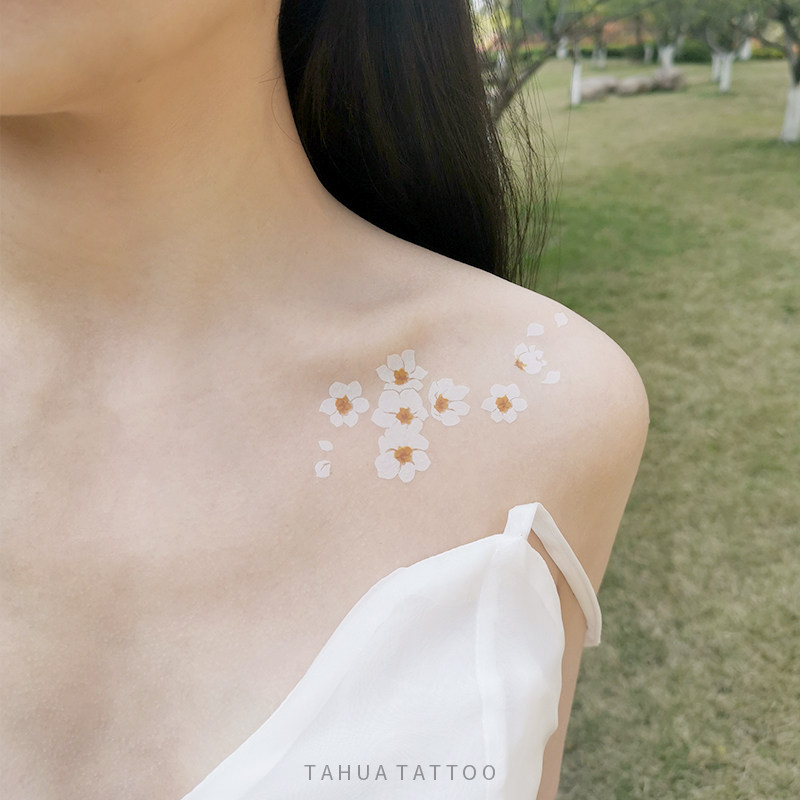 她画 白色樱花 锁骨彩色纹身贴小清新图案女防水贴纸持久