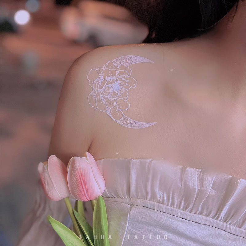 她画 白色星辰日月纹身贴防水持久女贴纸图案锁骨性感