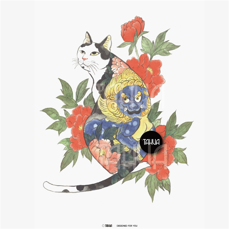 她画 日式浮世绘 彩色猫纹身贴 花臂个性刺青图案 女防水男持久纸