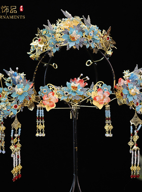 中式汉服凤冠古风秀禾服头饰结婚发饰品新款半冠凤冠步摇边夹蓝色