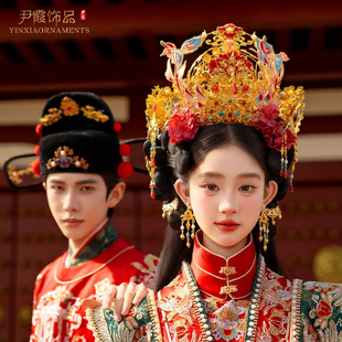 新款汉服凤冠霞帔明制宋制新娘头饰中式发冠结婚发饰品重工奢华
