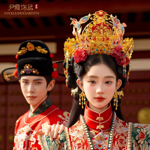 新款汉服凤冠霞帔明制宋制新娘头饰中式发冠结婚发饰品重工奢华