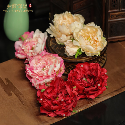 唐风仿真花饰品绢花牡丹花汉服古风花朵后压头饰发饰套装