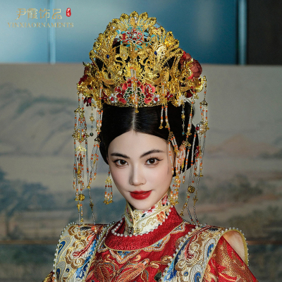 明制婚嫁凤冠中式新娘金色大凤冠头饰汉婚婚礼大气饰品皇后大婚女