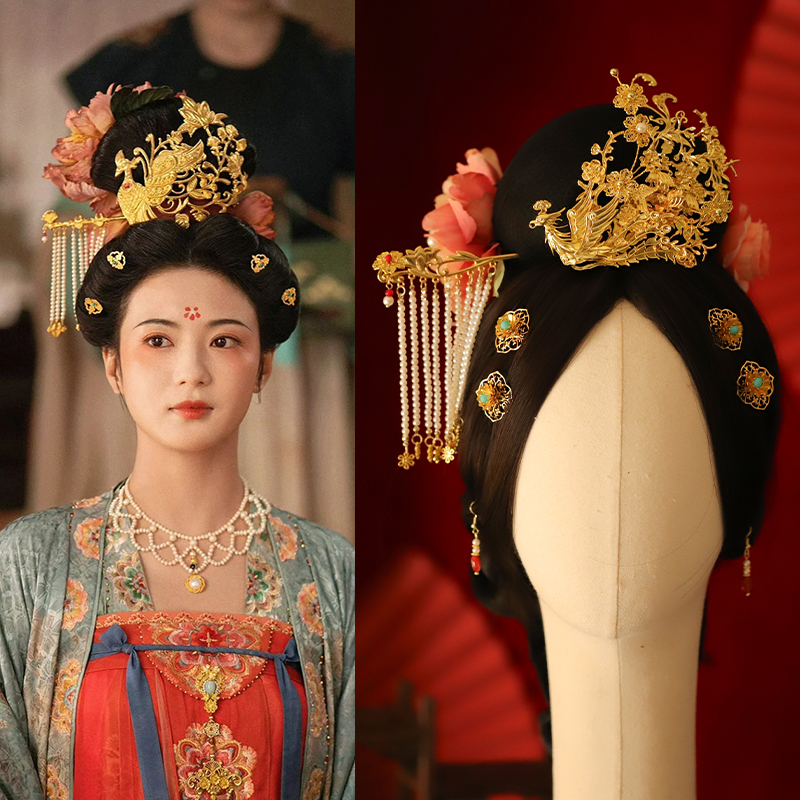 国色芳华县主同款凤凰发冠唐风凤凰簪子套装汉服结婚饰品唐代头饰