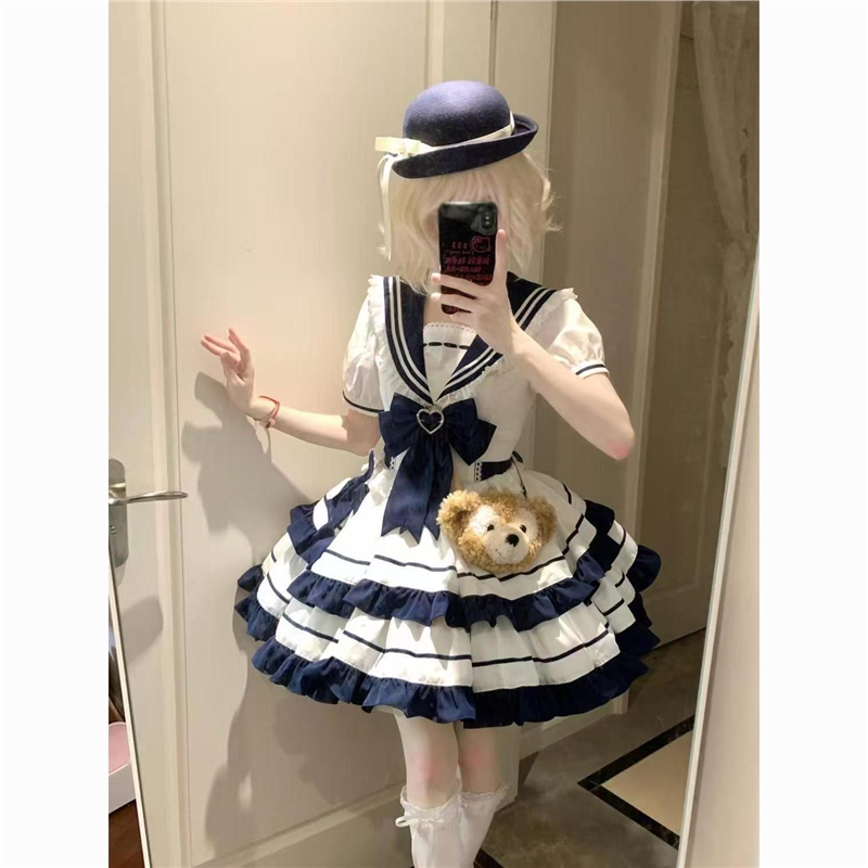 秋季短袖海军领蓝色少女JK制服套装蕾丝蛋糕蓬蓬裙洋装洛丽塔