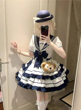 秋季短袖海军领蓝色少女JK制服套装蕾丝蛋糕蓬蓬裙洋装洛丽塔