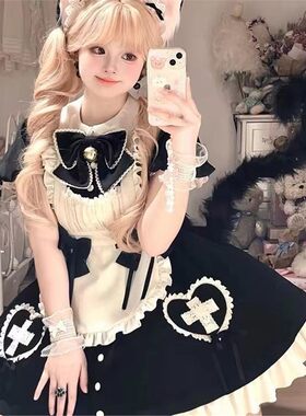 日系甜美可爱洛丽塔Lolita软妹收腰连衣裙+飞飞袖围裙优雅女仆裙