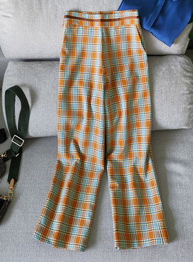 春季橙色格子裤女高腰直筒垂感阔腿裤橘宽松休闲橙里橙气西裤365