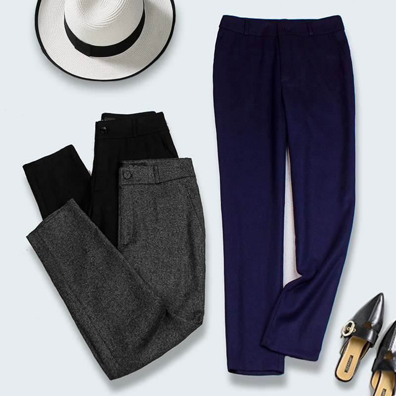 秋季款毛料烟管裤藏蓝色西裤女显瘦西装裤职业正装修身九分裤614