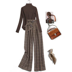 秋季咖啡色美拉德穿搭休闲裤毛衣垂感显瘦高腰系带格纹阔腿裤553