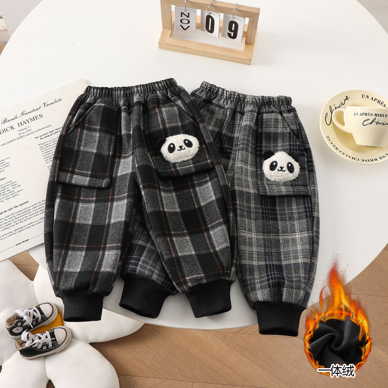 长裤加绒裤格子男女童秋冬