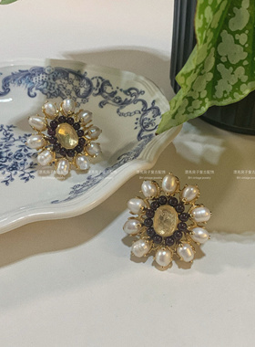 法国小众vintage水晶珍珠石榴石戒指复古做旧金夸张宝石戒指