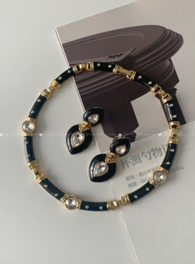 复古黑色珐琅水滴耳钉项链套装