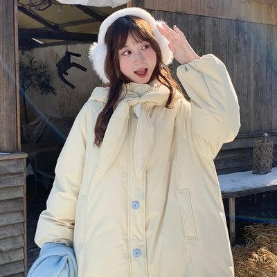 网图木茶MUCHA 奶黄小兔 长款棉衣棉服女冬季保暖加厚宽松外套-
