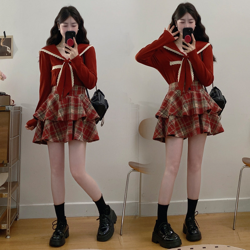 实拍大码纯欲风jk制服套装女海军领衬衫格纹百褶蛋糕裙显瘦两件套