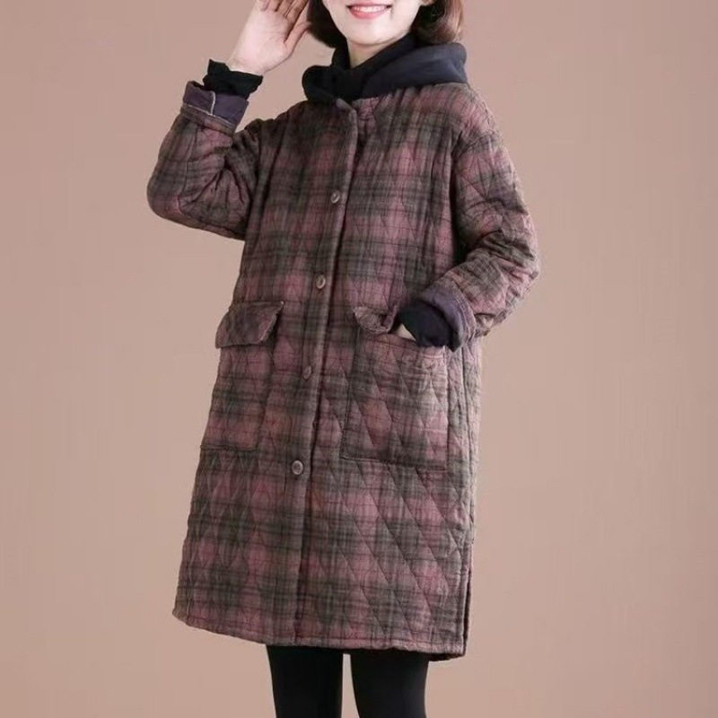 中老年妈妈装连帽格纹棉服女冬季新款宽松夹棉加厚中长款棉袄外套,女装/女士精品,中老年女装,淘宝优惠券,粉丝福利购,淘宝优惠卷
