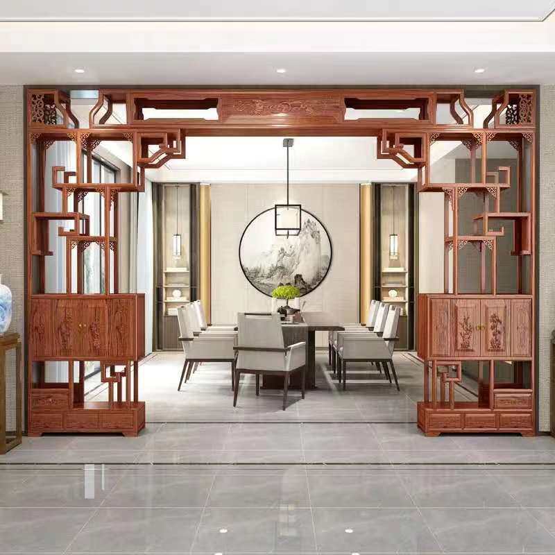 可伸缩月洞门博古架实木中式客厅门隔断背景墙月亮拱门玄关展示柜
