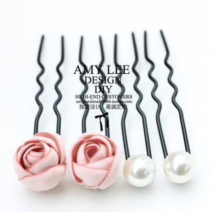 黑色套装发簪古风盘发插针珍珠花朵簪子发卡发叉u型夹头发夹发钗