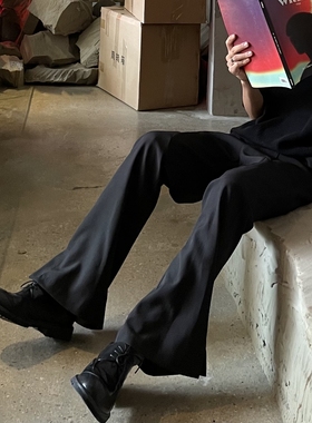 Addressunknown立体修身剪裁分割微喇叭vibe风西裤黑色休闲长裤