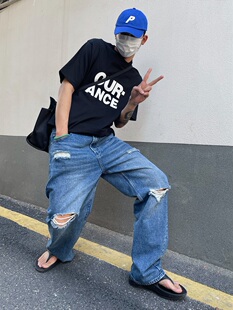 Addressunknown水洗蓝直筒宽松破洞牛仔裤潮牌2022美式休闲长裤