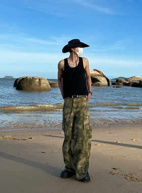 Addressunknown宽松阔形双立体口袋重磅迷彩工装阔腿休闲裤男女