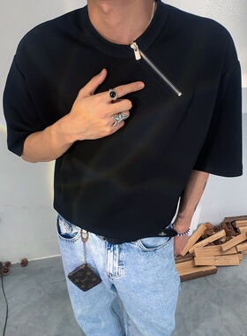 Addressunknown小众设计斜拉链vibe风宽松休闲潮牌圆领短袖T恤