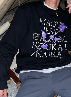 Addressunknown原创紫玫瑰字母印花圆领宽松情侣男女黑色套头卫衣